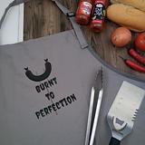 BURNT TO PERFECTION GREY BBQ grill webber cook chef sausage Snag Black OSFM unisex men dad grandad fathers day Adult apron Moonlight Made